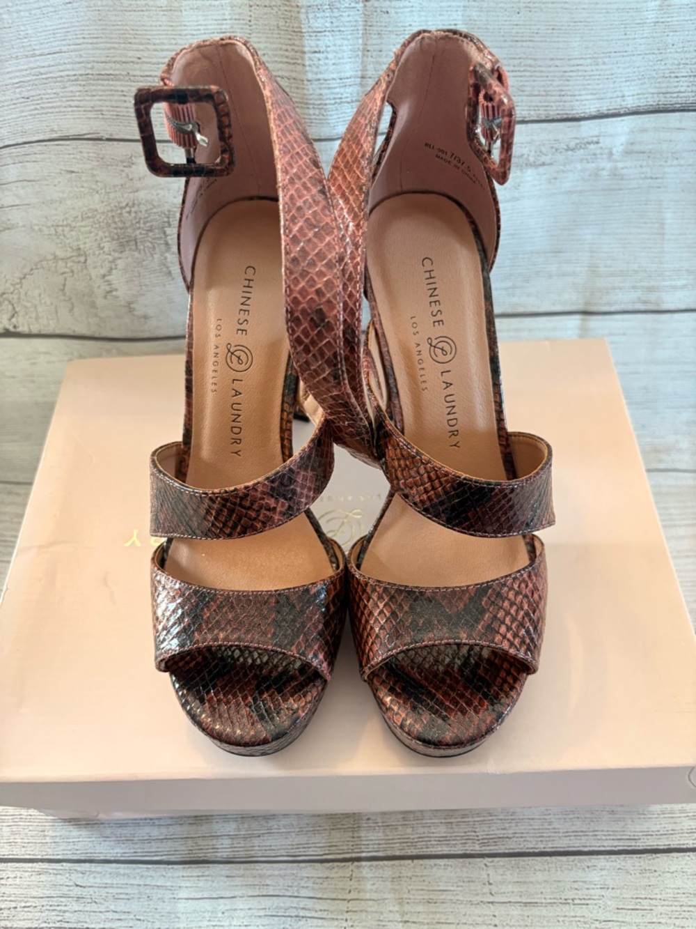 Chinese Laundry Riddle Whiskey Wine Python Print Block Heel Sandals